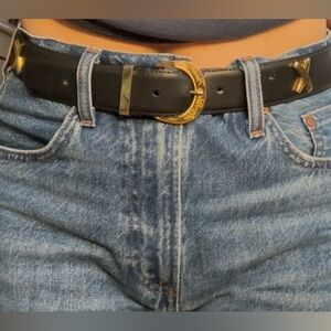 BY Paloma Picasso Black Leather Belt with Gold Buckle